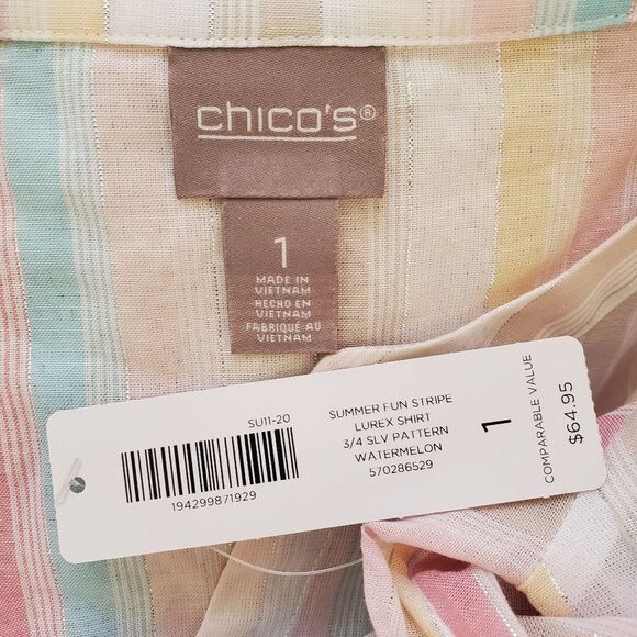 Chico's Summer Fun Stripe Lurex 3/4-Sleeve Shirt Sz Med - Picture 8 of 11